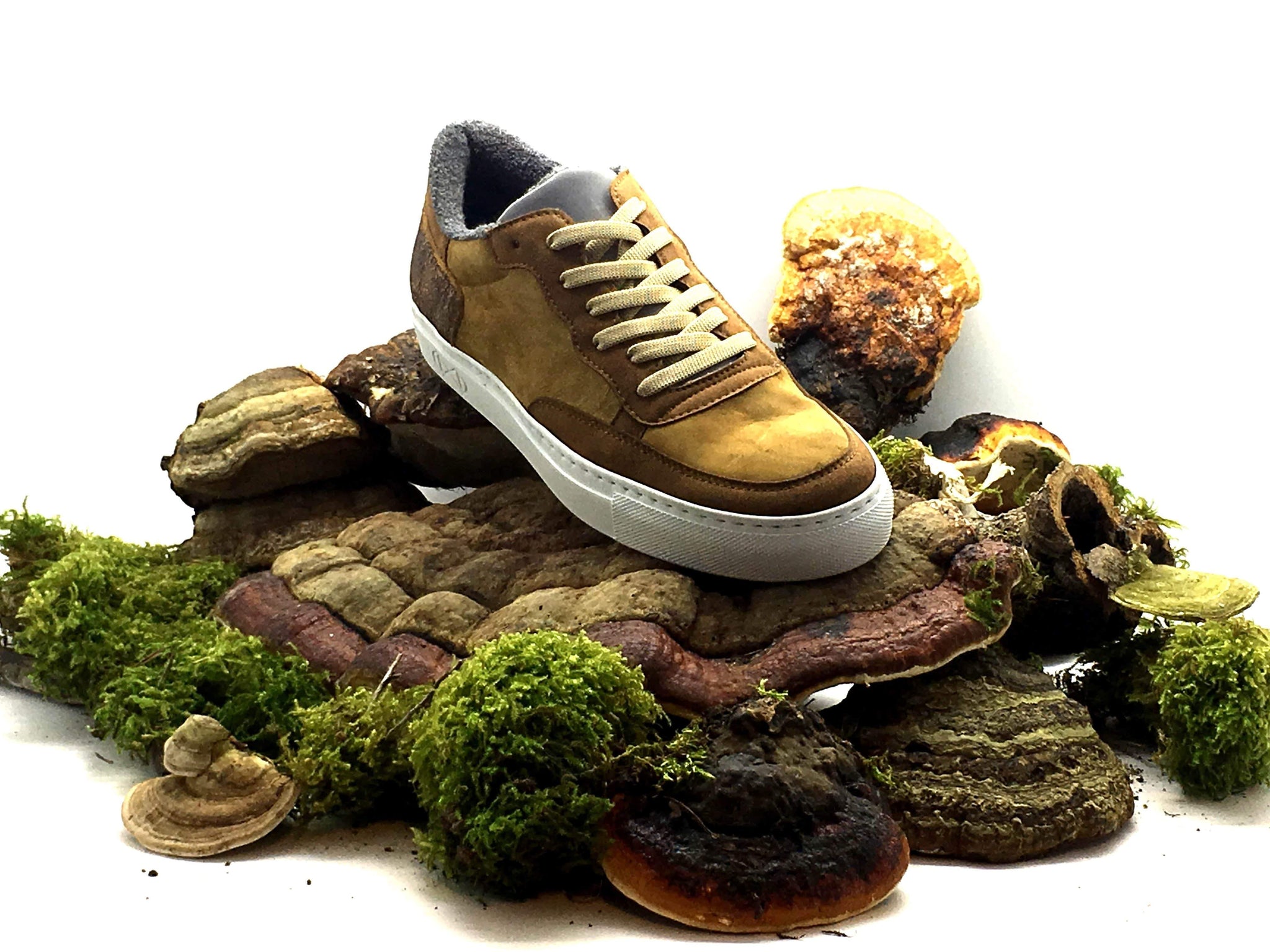 Svampe-sneakers i svampe, glas og genanvendt PET menneskeskabt læder.