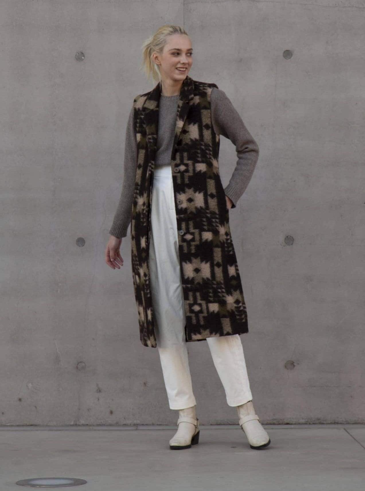 Souldaze Collection chaquetas y prendas de vestir exteriores Irene chaleco largo Estampado de lana y cachemira moda sostenible moda ética