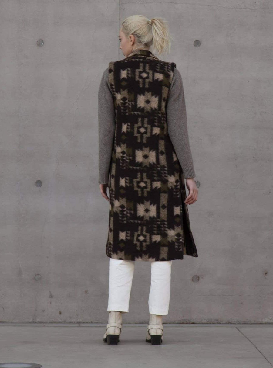 Jaquetes i peces de vestir de la col·lecció Suldaze Gilet llarg Irene estampat de llana i caixmir moda sostenible moda ètica